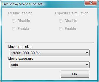 When setting the movie recording size, movie shooting mode, etc., click [Live View/Movie func. set.], and display the [Live View/ Movie func. set.] window before setting.