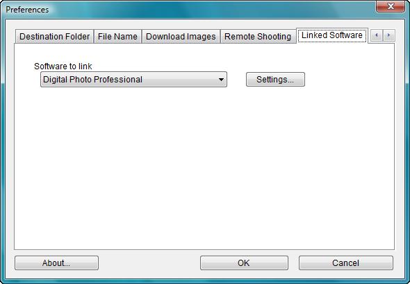 Linked Software From the list box, you can select the linked software that starts up when images are downloaded from the camera or when images are shot remotely.