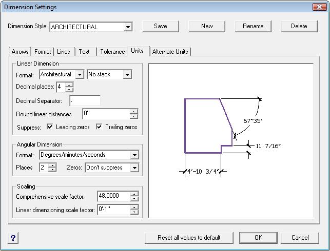 Figure 8.14 Modify Dimension Settings Units In the Units tab, the Linear Dimension format will change to Architectural with No Stack in the second drop box.