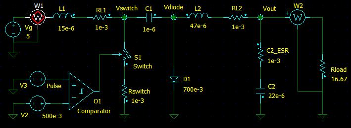 Figure 22 - Cuk converter with addition of series switch resistance (Rswitch) and two wattmeters (W1 & W2) Delete