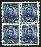 Scott $6,750... Est. $500/700 1902-1908 Presidential Issue 677 $2 Dark Blue, #312 $750 N.h., fine to very fine, 1976 P.F. cert. for block of 4. Scott $2,475... Est. $1,000/1,300 678 $2 Dark Blue, #312 $150 O.