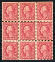 h., 76 pl. blocks, by pl. #, pl. blocks of 4 and strips of 3 with pl. #s, shades, some better numbers, mostly fine or better. Scott $4,124... Est. $400/550 782 $2 Orange Red & Black, #523 $200 N.h., wrinkles, fine.