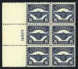 $1,500/2,000 Airpost 1918 Issue 860 24, Plate Block of 12, #C3 $300 N.h., with two Tops and pl. #8493 and 8492, gum skips, weak perfs and owners handstamps, otherwise fine to very fine. Scott $2,000.