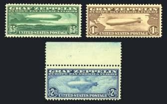 $200/250 1930 Graf Zeppelin Issue 872 Set Complete, #C13-C15 $500 O.g., #C15 n.h., fine to very fine. Scott $1,480... Est.