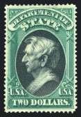 .. Est. $300/400 927 $2 Green & Black, #O68 $350 O.g. (h.r.), rich color, fine and attractive, 2017 P.S.E. cert. Scott $1,750... Est. $450/550 928 ( ) $2 Green & Black, #O68 $150 Unused, few wrinkles, very well centered, fresh, very fine stamp.