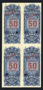 $100/120 Hawaii Revenue 1074 1901, $50 With Specimen Overprint in Red, #R12S , block