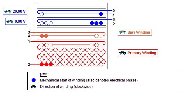 Electrical Diagram Mechanical Diagram Winding Instruction Primary Winding Start on pin(s) 2 and wind 55 turns (x 3 filar) of item [5]. in 5 layer(s) from left to right.