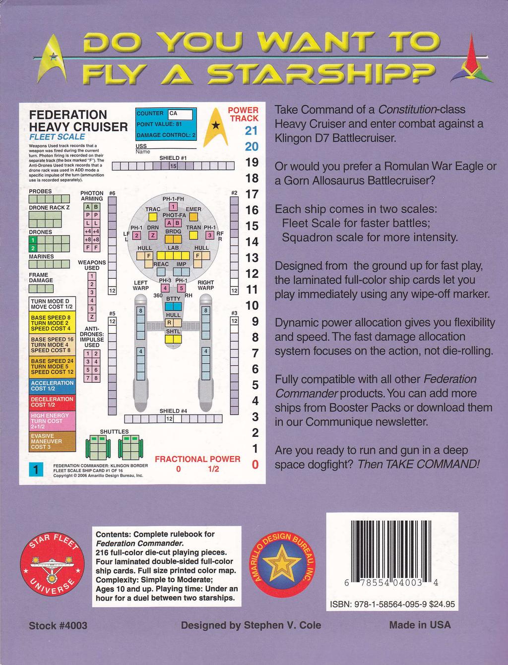 Contents: Complet rulebook for Fedentlon CommandeL 216 full-color die-cut playlng plec s. Four laminated doublesided tull-color ship cards. Full size printgd color map.