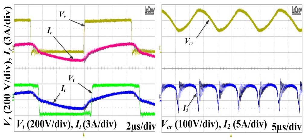 Measured voltage and current waveforms under 400V input, 48V output and 20% load condition Vr (100 V/div), Ir (4A/div) V r I r I t V t V t (200V/div), I t (4A/div) 2μs/div I 2 V cr V cr (100V/div), I