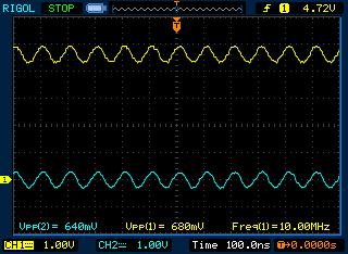 Real Circuit Below is the input and output of the at 10 Mhz o Channel 1 is the from Q1c Vc = 0.68 Vp-p + 4.76Vdc at 1 o Channel 2 is the from Rload Ve = 0.