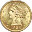 With a mintage of 91,584; this is one of the most frequently encountered D mint Fives making it a good choice for collectors seeking a Dahlonega Mint type coin. #228912 $3250.00 1852-C. PCGS. MS-61.