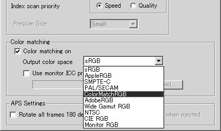 Color matching is activated in the preferences box. Color matching increases the scanning time. The DiMAGE Scan color matching function matches the scanned color with specified color spaces.