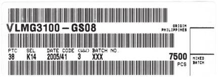 BAR CODE PRODUCT LABEL (example) A 16 B C D E F G A. Type of component B. Manufacturing plant C. SEL - selection code (bin): e.g.: K1= code for luminous intensity group 4 = code for color group D.