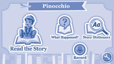 ACTIVITIES E-Book Menu Page The main menu has three story icons: Pinocchio, The Frog Prince, and The Three Little