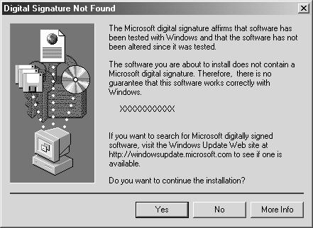 10 Windows Me or Windows 2000 Users If the Digital Signature Not Found message displays partway through installation, follow the procedures below. 1.