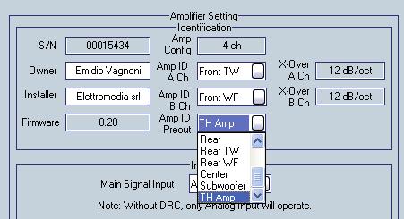 The drop-down menu displays the available values to be assigned to the amplifier depending on its configuration / functioning modes.