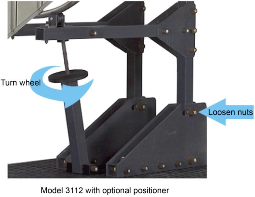 Connecting the Optional Positioning System Once the Model 3112 is securely mounted on the positioner, loosen the nuts and turn the wheel at the base of the horn support for better field uniformity.
