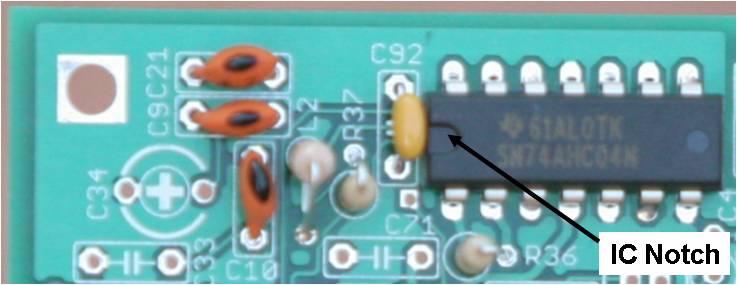 Note the notch location on IC6. Note L2 is mounted on end like the resistors.