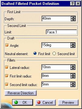 Drafted Filleted Pocket The Drafted Filleted Pocket function allows you to create a pocket which includes a general draft, a Lateral Radius, a First limit Radius and a Second limit Radius.