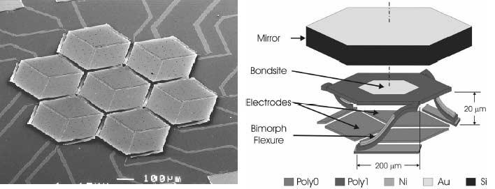 2929 700 nm -1455 nm (b) 0 µm 0 µm 2929 Figure 2: Illustration of the BU electrostatic actuator with segmented pixels (left) and a microscope image of a 12x12 pixel array (right).