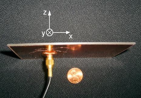 Figure 15b. The backside view of the Soft-surface microstrip Yagi array antenna prototype showing the coaxial connection. Figure 16. Radiation pattern on E-plane for model D sample at 5.