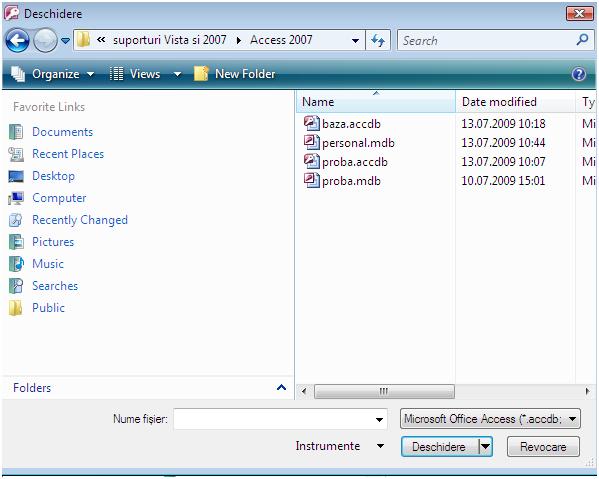 Access 2007 Modul A Pagina 4 3. File Open sau clic pe butonul Open sau Ctrl+O (în toate cazurile). 4. Dacă e deschisă fereastra Windows Explorer şi fişierul bază de date e afişat, se dă un clic dublu pe fişier.
