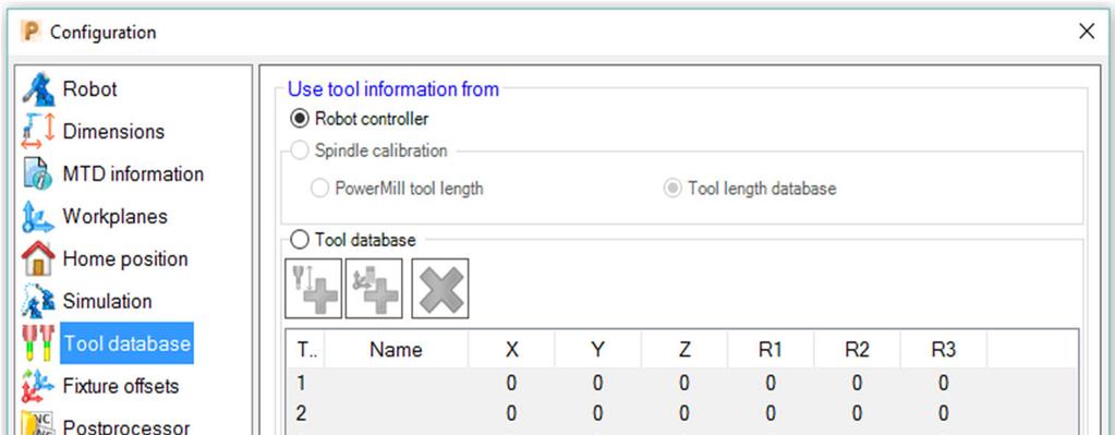 Tool Database 1 2 3 The tool database page allows the user to choose where the tool information used by the robot comes from.
