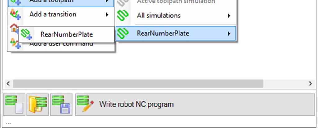 Two simulation files have now been created and can be combined into a single Robot NC program. 14 Open the Robot Program tab.