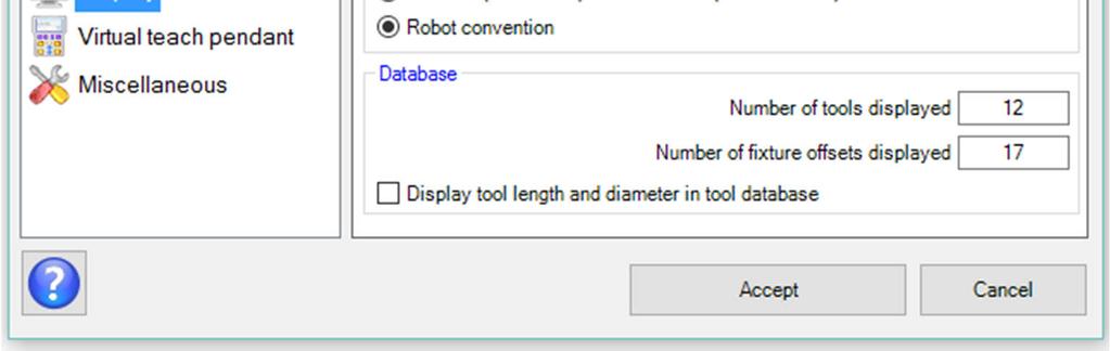 1 These options control how the names of the axes appear in the Robot Control tab and in the virtual teach pendant.