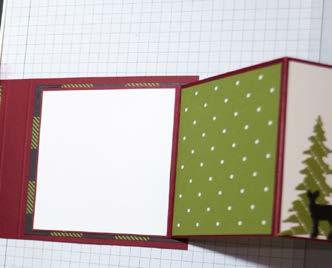 Adhere (3) 2-5/8 x 2-3/4 Whisper White pieces and (4) 2-5/8 x 2-3/4 green dot designer series paper pieces to the panels,