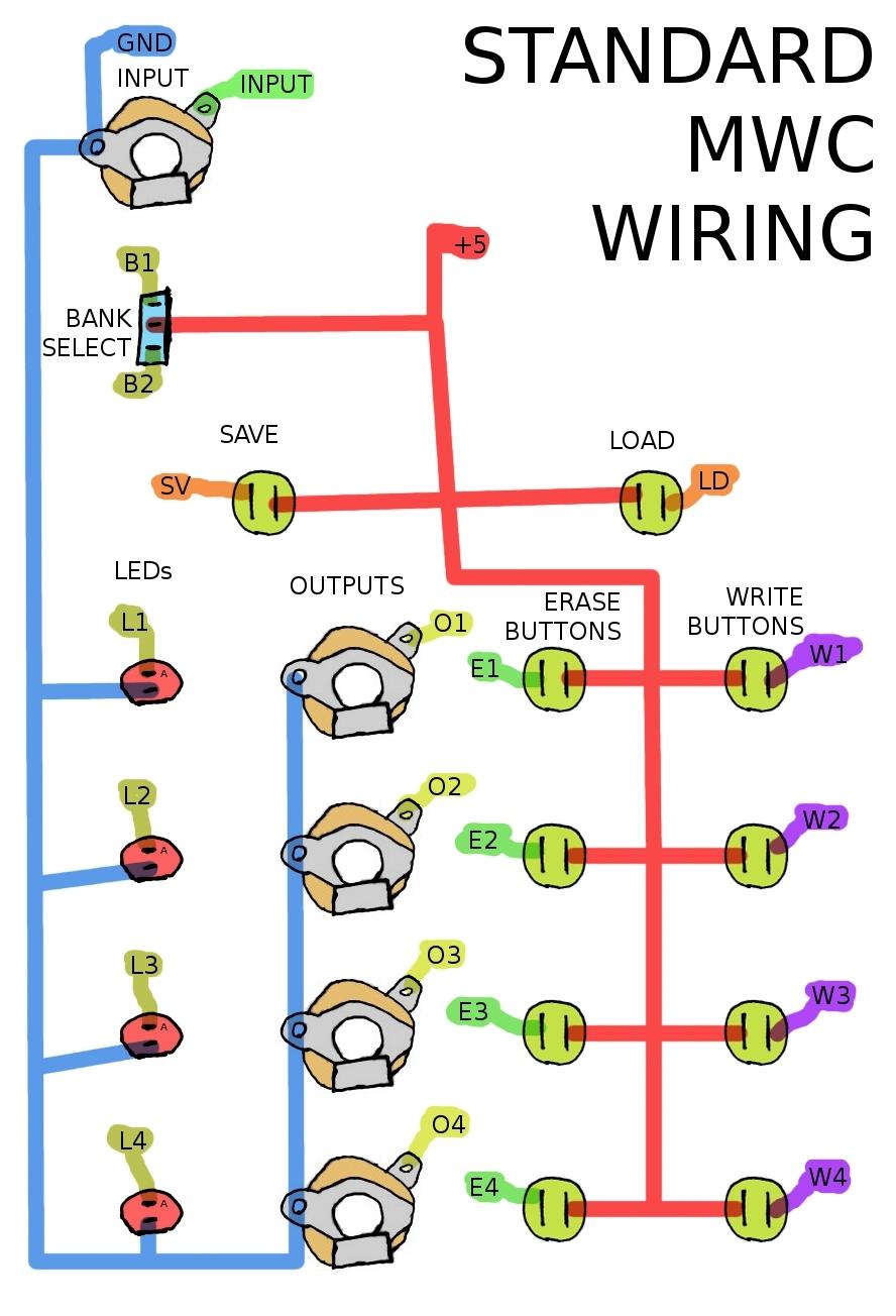 Wiring Option #1. This is how I wired my initial prototype. The colored text indicates which wiring pad on the PCB that wire should be connected to.