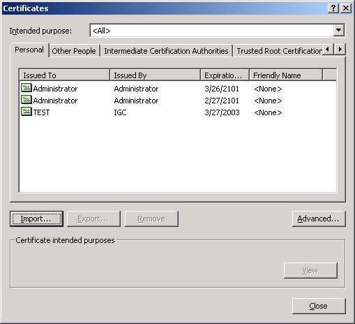 Iniţierea instalării unui certificat digital din fereastra Certificates După paşii din variantele de mai sus