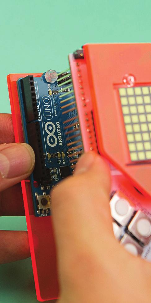 Add the finishing touches Follow these steps to finish your DIY Gamer! 1a. Take your back casing with attached Arduino. Then slot your Gamers header pins into the Arduino inputs. 1b.