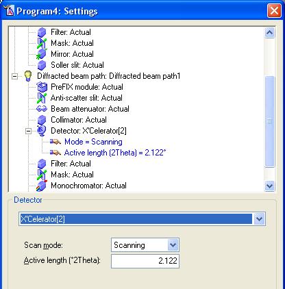 In the drop-down menu, shown below, change the value for Detector from Actual to X Celerator[2] vi. Specify for parameters for the X Celerator Detector 1. Set Scan mode to Scanning 2.