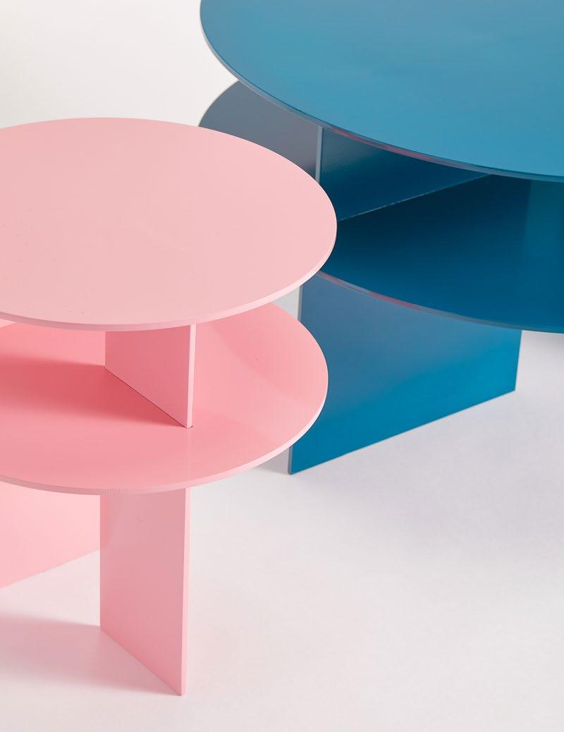 Sanora Side Table Sanora Side Table in Powder Pink. Two-teir table constructed from precision cut 1/4 aluminim.