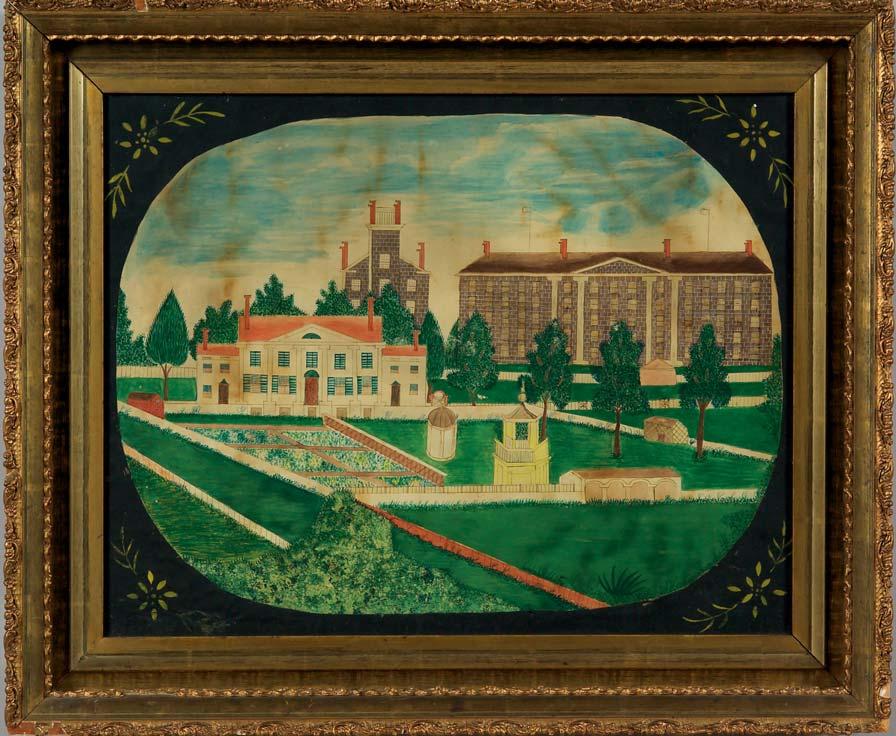 108 108. American School, 19th Century Schoolgirl Portrait of Her Seminary and Grounds. Unsigned, inscribed Ellen Gilbert s Picture on the reverse.