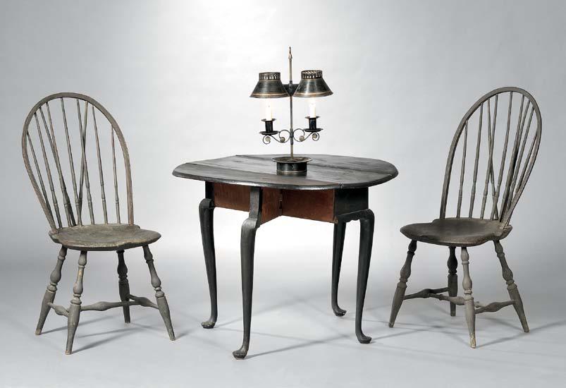 3 4 3 5 3. Pair of Brown-painted Braced Windsor Bow-back Chairs, E. Dyer, Rhode Island, 1790-1800, branded E. DYER on the underside of each seat, old surface over earlier green, ht. 38, seat ht.