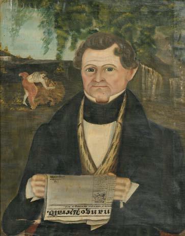 Note: Henry Bellinger is portrayed holding a copy of the Chittenango Herald, and dated October 31, 1838. The newspaper is also inscribed Henry Ehle was born April 15, 1787.