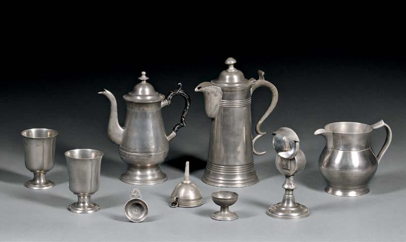 102 103 104 105 101 101 (3) 101. Five Pewter Items, 19th century, two chalices, a wine taster, master salt, and a funnel, (dents, wear), ht. 3/4-5 3/8 in. $200-250 105.