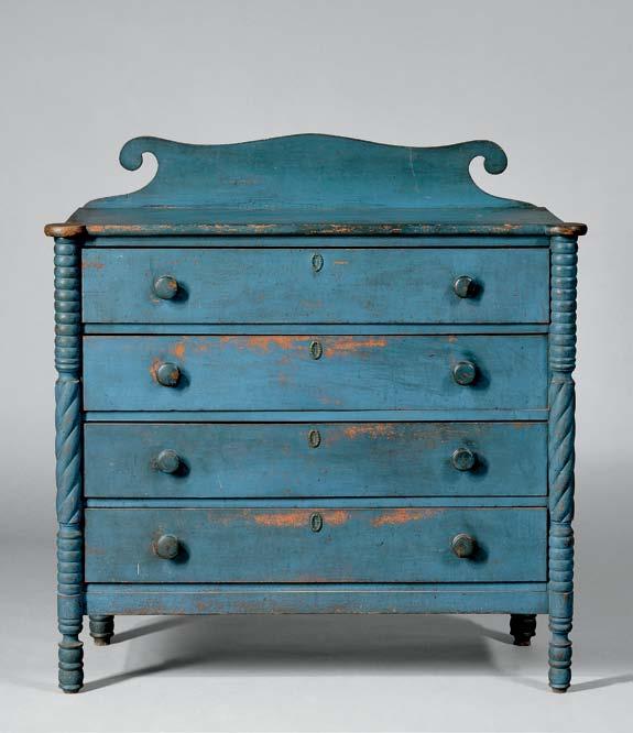 116 116. Classical Blue-painted Birch Bureau, New England, c. 1825, old turned wooden pulls, old surface, (imperfections), ht. 37 1/4, case wd. 38 1/4, dp. 16 1/2 in. $800-1,200 117.