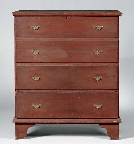 two working drawers, on dovetailed cutout base with applied molding, replaced brasses, old surface, (minor imperfections), ht. 48, wd. 37 1/4, dp. 18 in.
