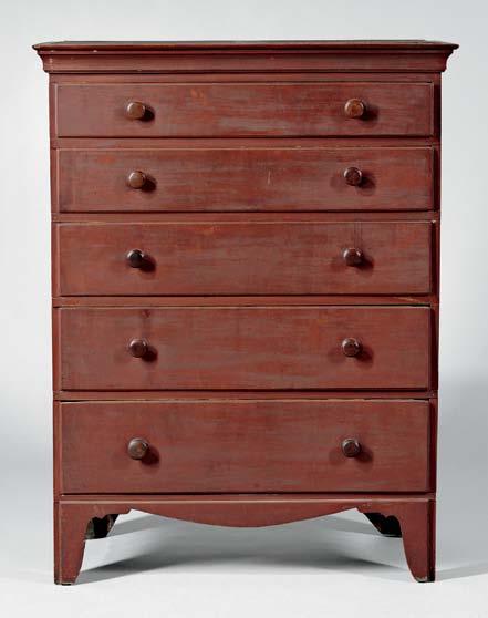 132. Red-painted Maple Tall Chest of Drawers, New England, c.