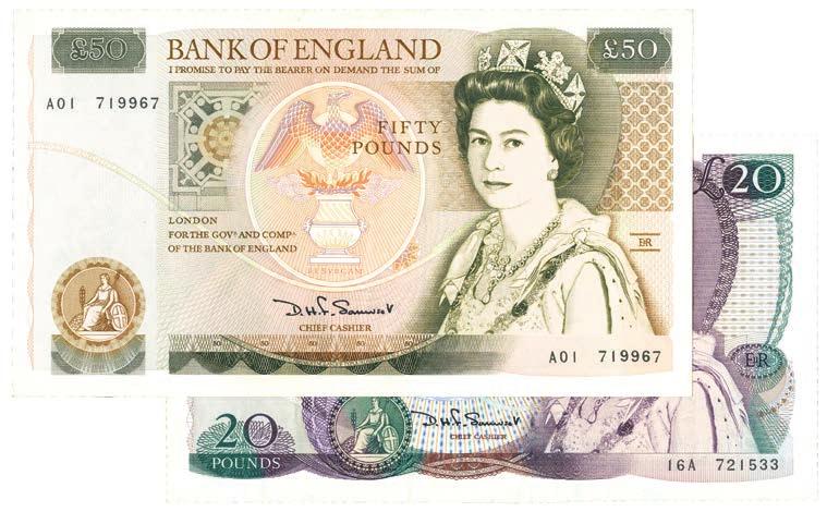 (5) 70-90 406 Bank of England, 50, undated (1981), serial no. A01 222491, signed by Somerset (Dugg B352), 20, no.aa59 210370, Lowther, 5 (2), nos.a06 607016 and A16 258396, Gill, and 1 (2), no.