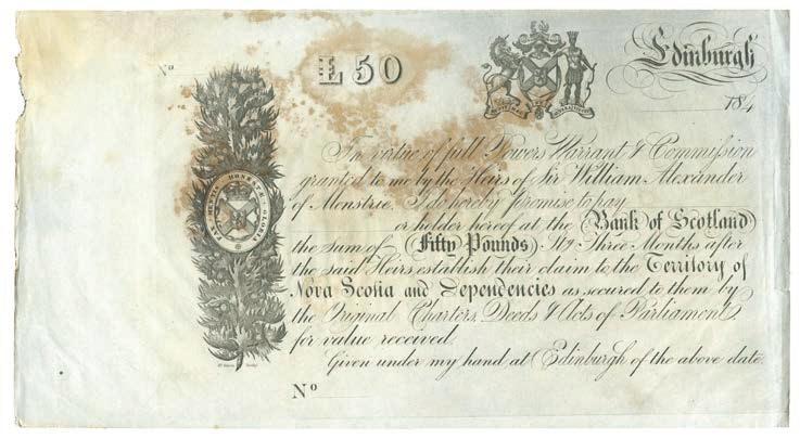 CANADA FRANCE 422 Nova Scotia, Bank of Scotland, unissued Bank Order for 50, Edinburgh, undated (c.