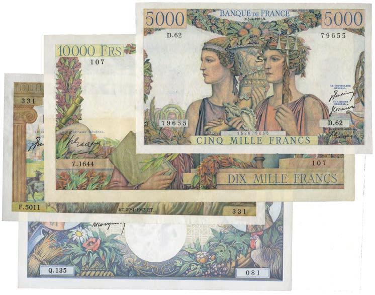 1644 107 (P 132), 5000-Francs, 5 May 1951 (P 131), 1000-Francs (2), 24 October 1940, 29 May 1943 (P 96, 102). First good fine, the others good very fine to good extremely fine.