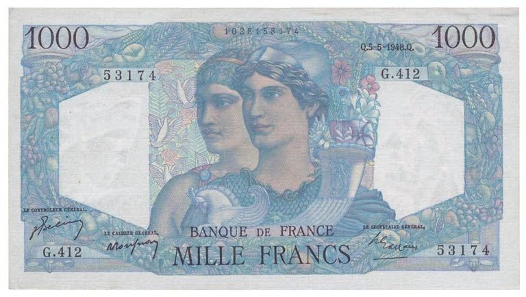 31 May 1946, serial no.s.2445325, allegory of France with three men representing the French Colonies (P 103c). Good very fine.