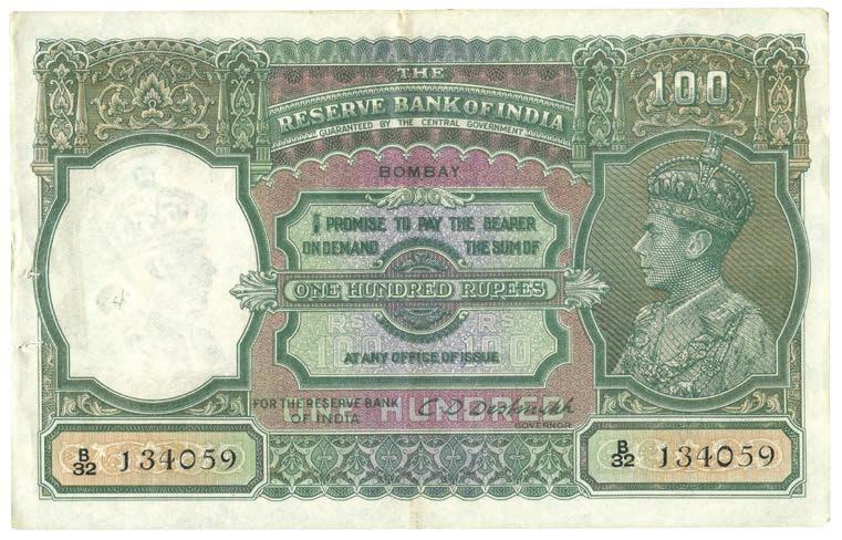 UNITED STATES OF AMERICA 435 Reserve Bank of India, 100-Rupees, undated (c.1944), Bombay, serial no.b32 134058, King George VI at right, signed by C D Deshmukh, watermark: Profile Head (Jhun 4.7.