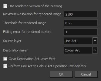 Harmony 15 Paint Reference Guide Configure Line Art to Colour Art Dialog Box The Configure Line Art to Colour Art dialog box lets you modify settings for the Line Art and Colour Art layers.