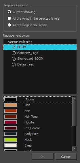 Harmony 15 Paint Reference Guide Recolour Drawings Dialog Box The Recolour Drawing dialog box allows you to replace all instances of a colour or texture in drawings with a different colour or texture
