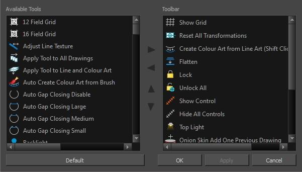 Harmony 15 Paint Reference Guide Toolbar Manager Dialog Box The Toolbar Manager dialog box lets you customize the toolbar in any of the views.